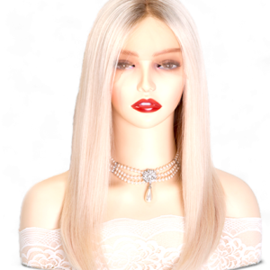 14'' Length Wig. Bob Style. 100% Hand-tied Monofilament Wig. White Blonde with Soft Roots.