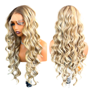 A medium blonde wavy synthetic wig.